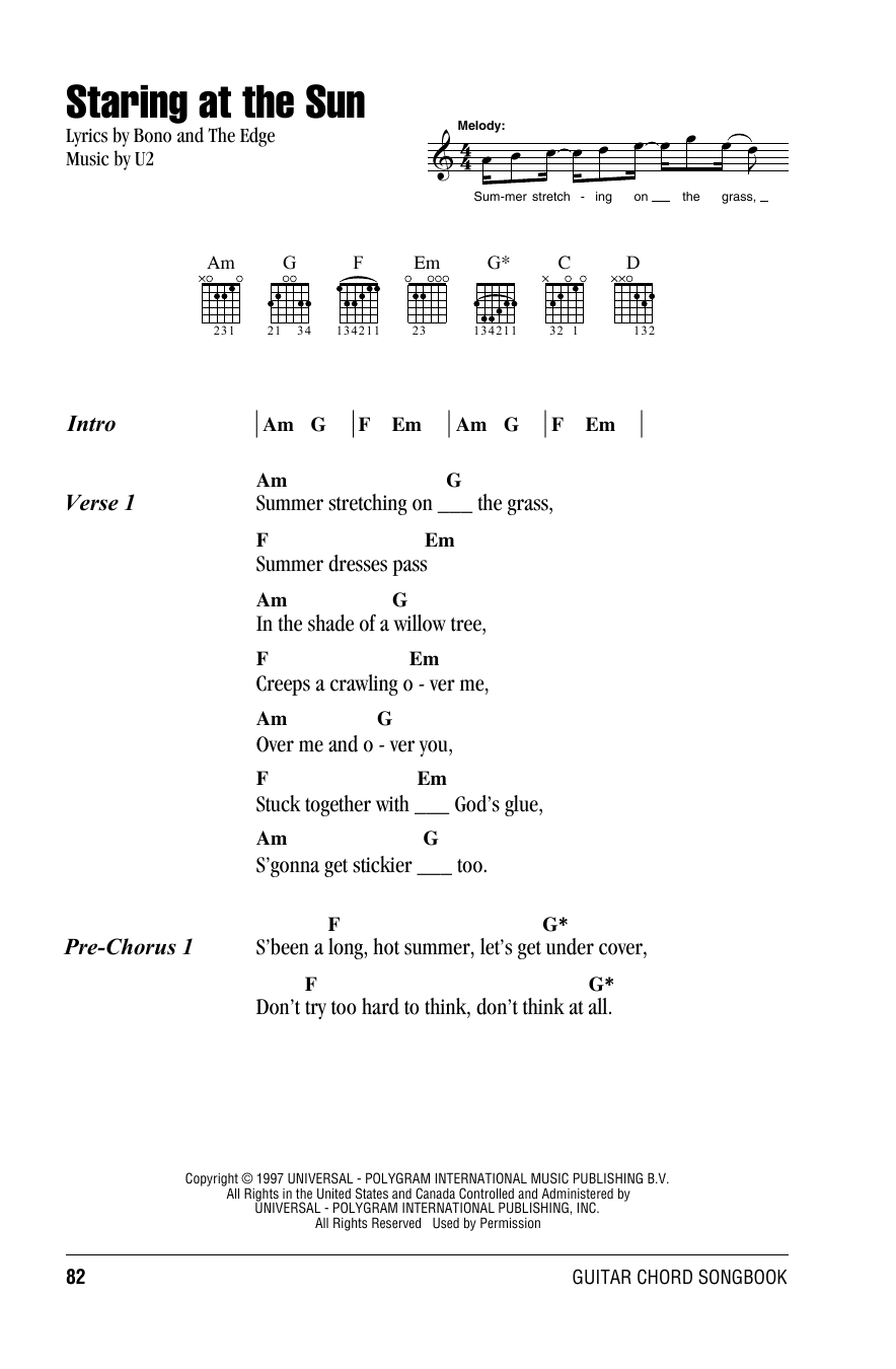 U2 Staring At The Sun sheet music notes and chords. Download Printable PDF.