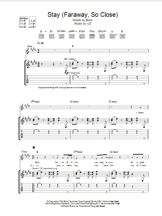 U2 Stay (Faraway, So Close!) sheet music notes and chords. Download Printable PDF.