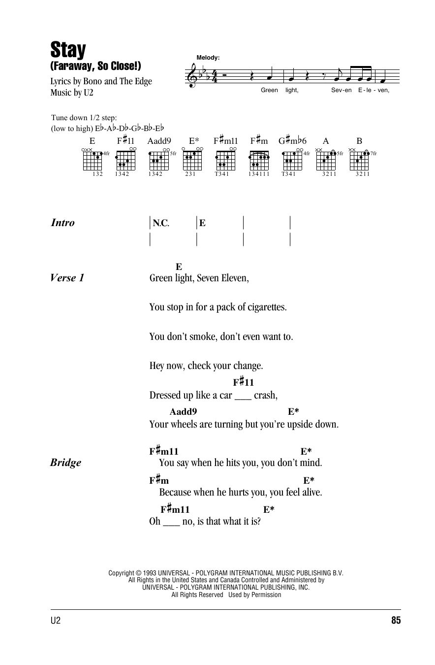 U2 Stay (Faraway, So Close!) sheet music notes and chords. Download Printable PDF.