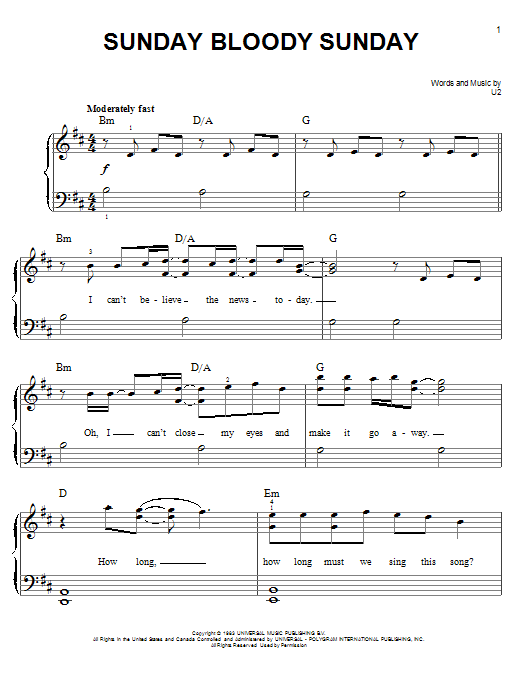 U2 Sunday Bloody Sunday sheet music notes and chords. Download Printable PDF.