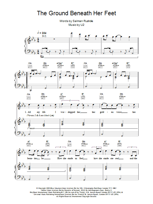 U2 The Ground Beneath Her Feet (from The Million Dollar Hotel) sheet music notes and chords arranged for Piano, Vocal & Guitar Chords