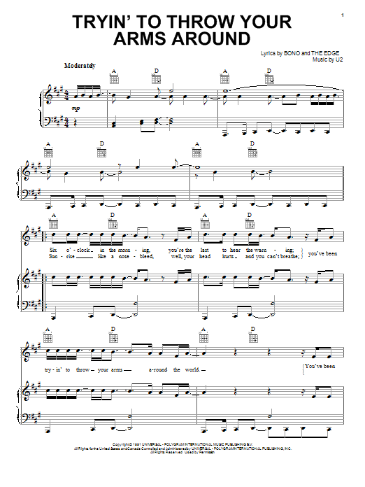 Learn to play U2 Tryin' To Throw Your Arms Around sheet music for Piano, Vocal & Guitar Chords (Right-Hand Melody) in minutes. Price: 7.8900$ U2 Tryin' To Throw Your Arms Around sheet music notes and chords arranged for Piano, Vocal & Guitar Chords (Right-Hand Melody)