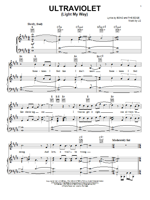 Learn to play U2 Ultraviolet (Light My Way) sheet music for Piano, Vocal & Guitar Chords (Right-Hand Melody) in minutes. Price: 7.8900$ U2 Ultraviolet (Light My Way) sheet music notes and chords arranged for Piano, Vocal & Guitar Chords (Right-Hand Melody)