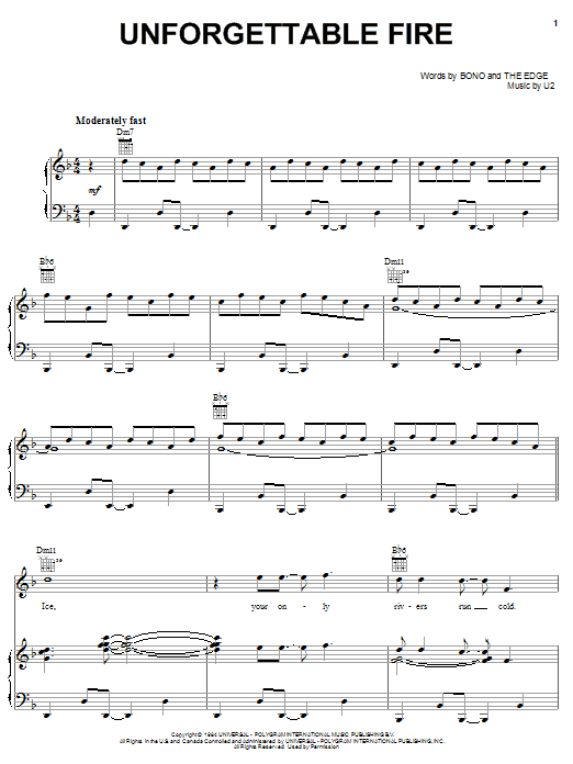 Learn to play U2 Unforgettable Fire sheet music for Piano, Vocal & Guitar Chords (Right-Hand Melody) in minutes. Price: 7.8900$ U2 Unforgettable Fire sheet music notes and chords arranged for Piano, Vocal & Guitar Chords (Right-Hand Melody)