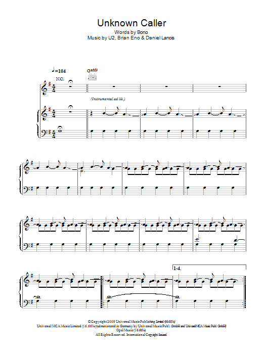 Learn to play U2 Unknown Caller sheet music for Piano, Vocal & Guitar Chords in minutes. Price: 7.8900$ U2 Unknown Caller sheet music notes and chords arranged for Piano, Vocal & Guitar Chords