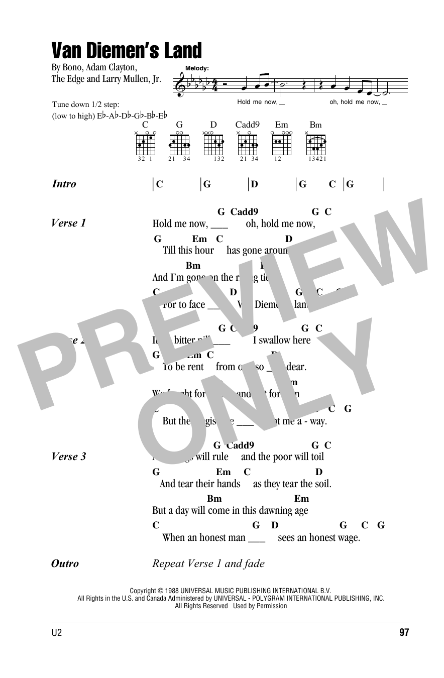 U2 Van Diemen's Land sheet music notes and chords. Download Printable PDF.