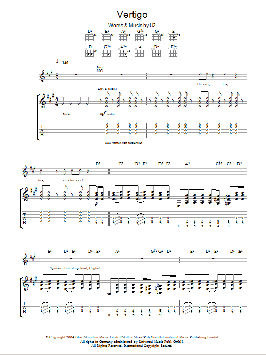 U2 Vertigo sheet music notes and chords. Download Printable PDF.