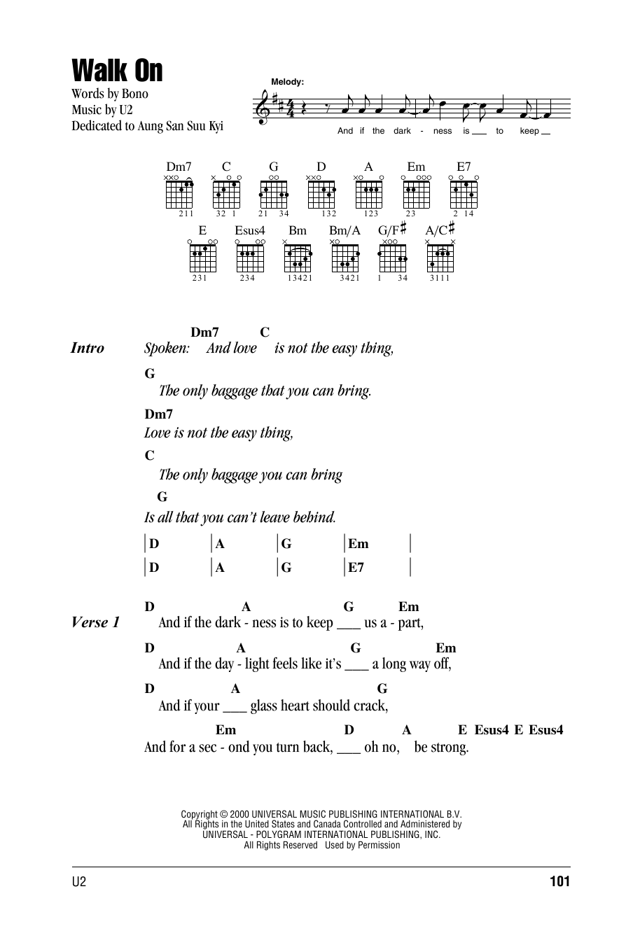 U2 Walk On sheet music notes and chords. Download Printable PDF.