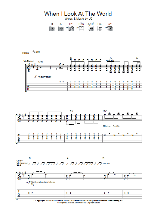 U2 When I Look At The World sheet music notes and chords arranged for Guitar Tab