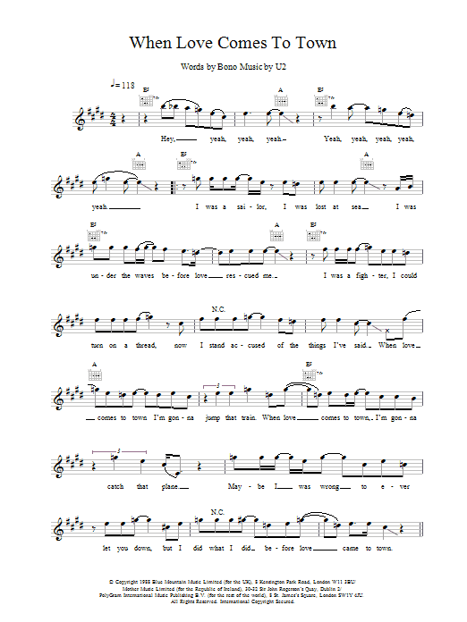 U2 When Love Comes To Town sheet music notes and chords. Download Printable PDF.