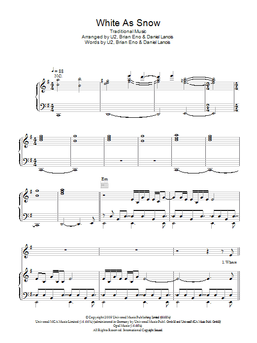 U2 White As Snow sheet music notes and chords arranged for Piano, Vocal & Guitar Chords