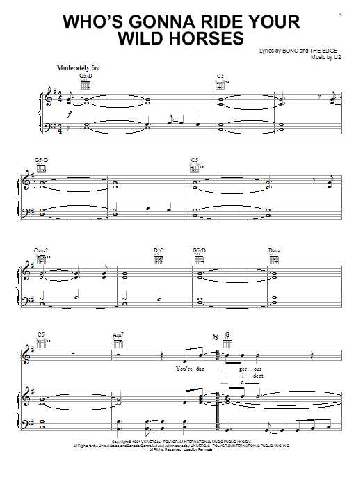 U2 Who's Gonna Ride Your Wild Horses sheet music notes and chords. Download Printable PDF.