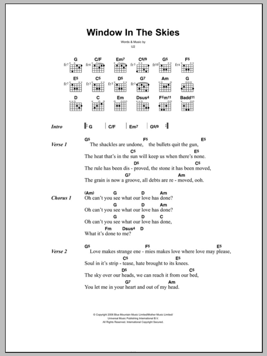 U2 Window In The Skies sheet music notes and chords arranged for Piano, Vocal & Guitar Chords