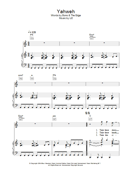 U2 Yahweh sheet music notes and chords. Download Printable PDF.