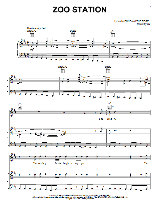 U2 Zoo Station sheet music notes and chords arranged for Piano, Vocal & Guitar Chords (Right-Hand Melody)