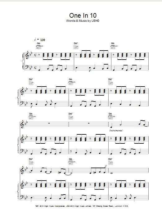 UB40 One In Ten sheet music notes and chords arranged for Piano, Vocal & Guitar Chords