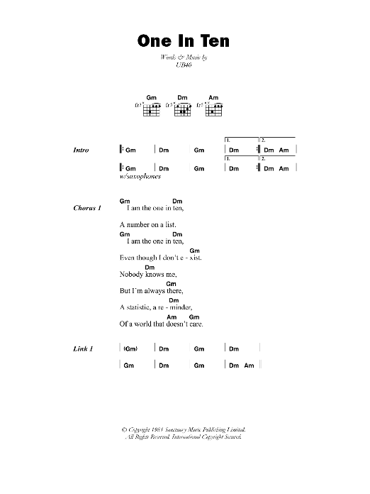 UB40 One In Ten sheet music notes and chords. Download Printable PDF.