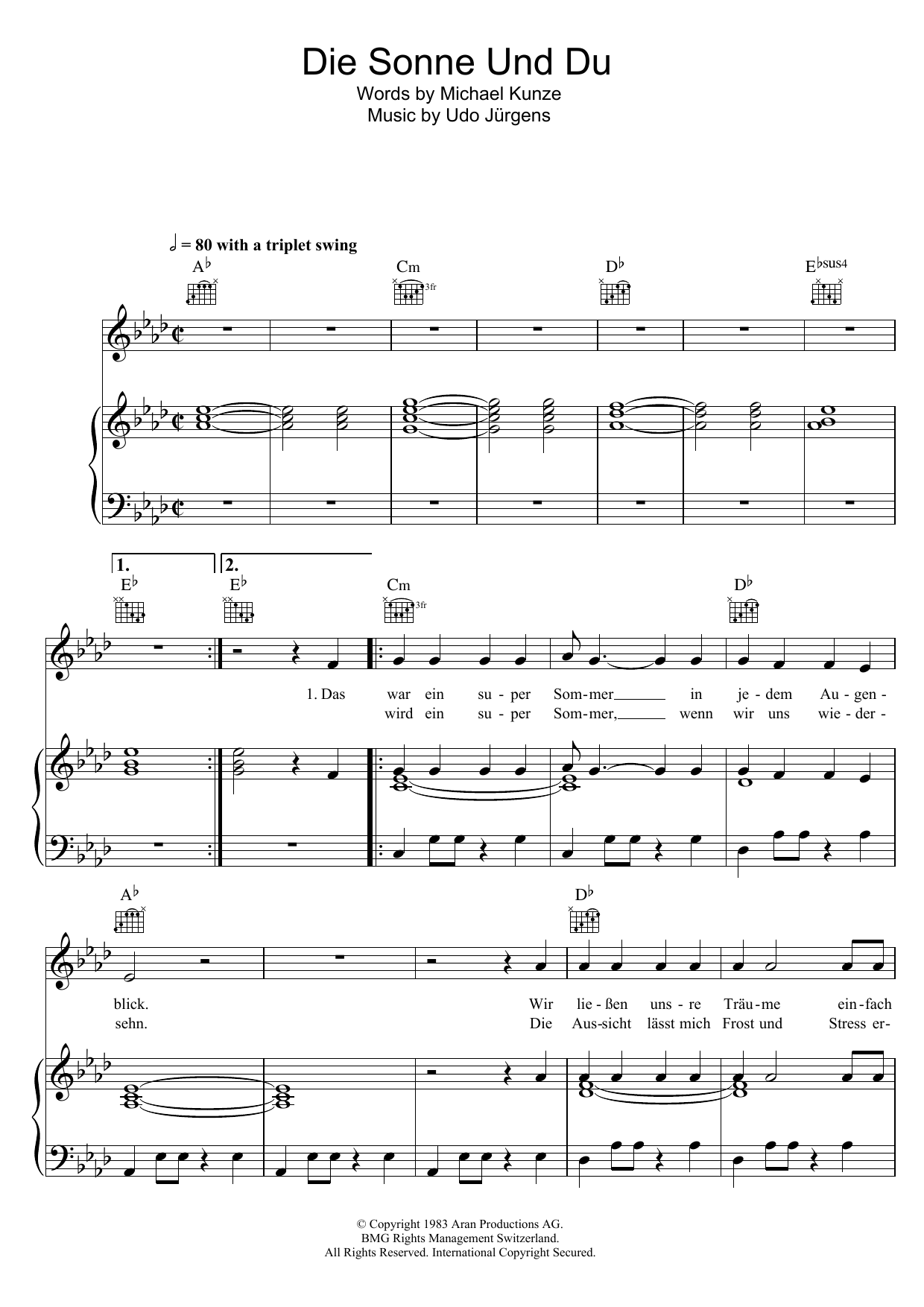 Udo Jürgens Die Sonne Und Du sheet music notes and chords arranged for Piano, Vocal & Guitar Chords