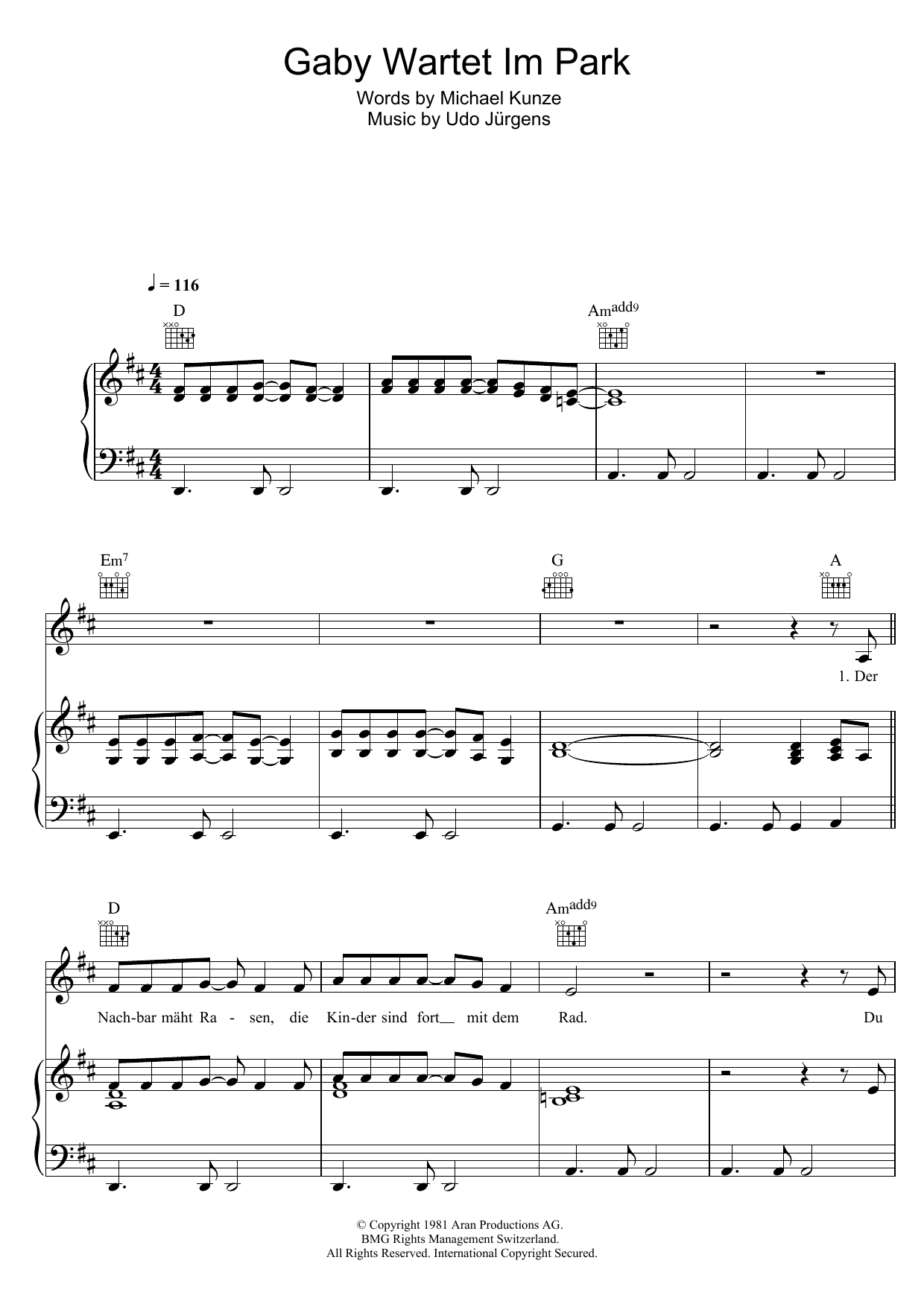 Udo Jürgens Gaby Wartet Im Park sheet music notes and chords. Download Printable PDF.