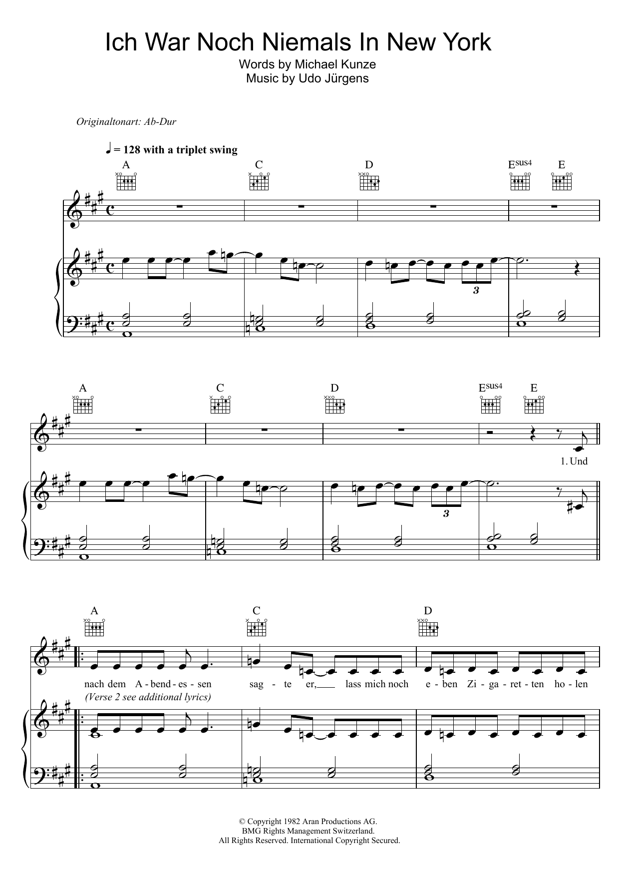 Udo Jürgens Ich War Noch Niemals In New York sheet music notes and chords. Download Printable PDF.