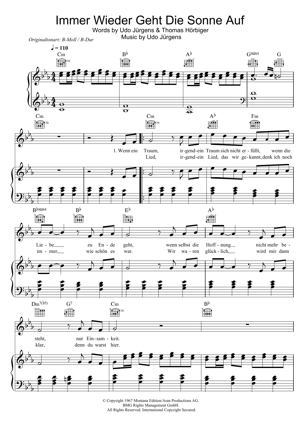 Udo Jürgens Immer Wieder Geht Die Sonne Auf sheet music notes and chords. Download Printable PDF.