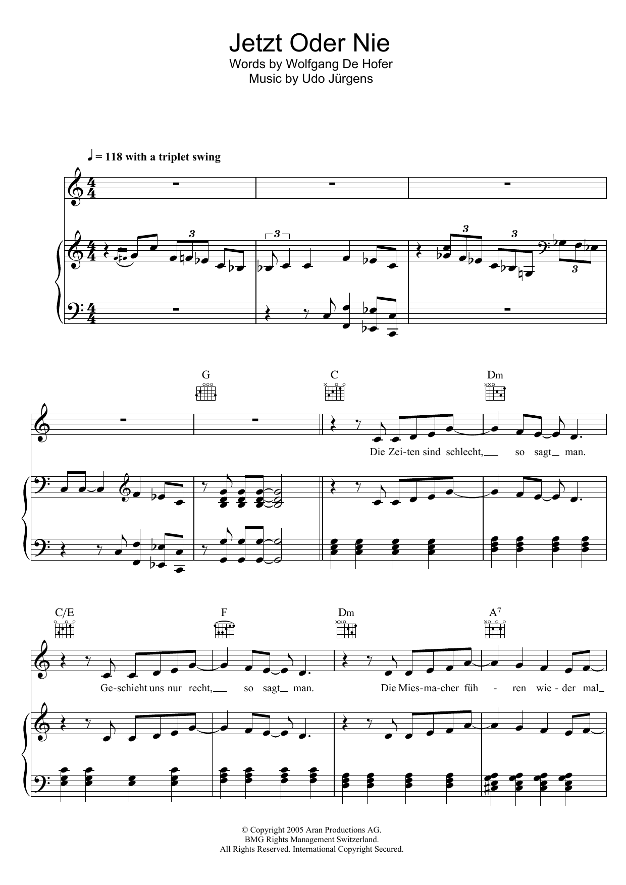 Udo Jürgens Jetzt Oder Nie sheet music notes and chords. Download Printable PDF.