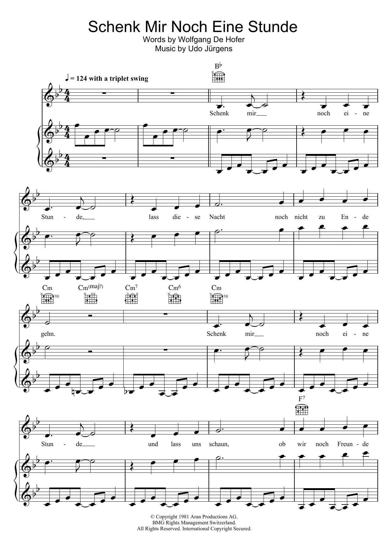 Udo Jürgens Schenk Mir Noch Eine Stunde sheet music notes and chords. Download Printable PDF.