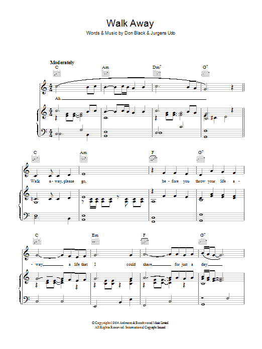 Learn to play Udo Jurgens Walk Away sheet music for Piano, Vocal & Guitar Chords in minutes. Price: 7.8900$ Udo Jurgens Walk Away sheet music notes and chords arranged for Piano, Vocal & Guitar Chords