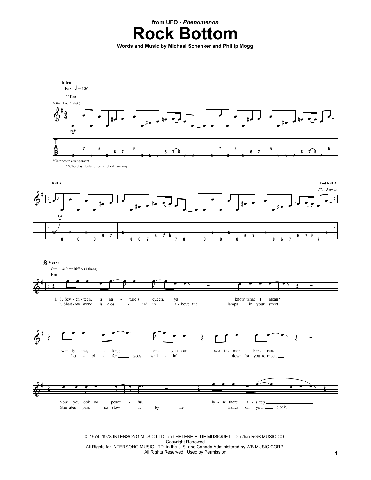 UFO Rock Bottom sheet music notes and chords. Download Printable PDF.