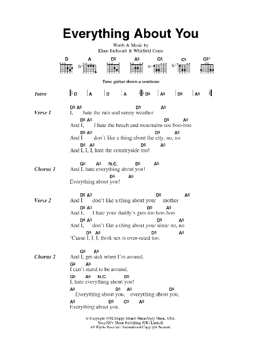 Learn to play Ugly Kid Joe Everything About You sheet music for Guitar Chords/Lyrics in minutes. Price: 4.4900$ Ugly Kid Joe Everything About You sheet music notes and chords arranged for Guitar Chords/Lyrics