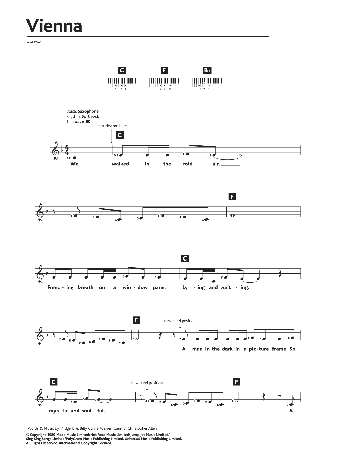 Ultravox Vienna sheet music notes and chords arranged for Alto Sax Solo