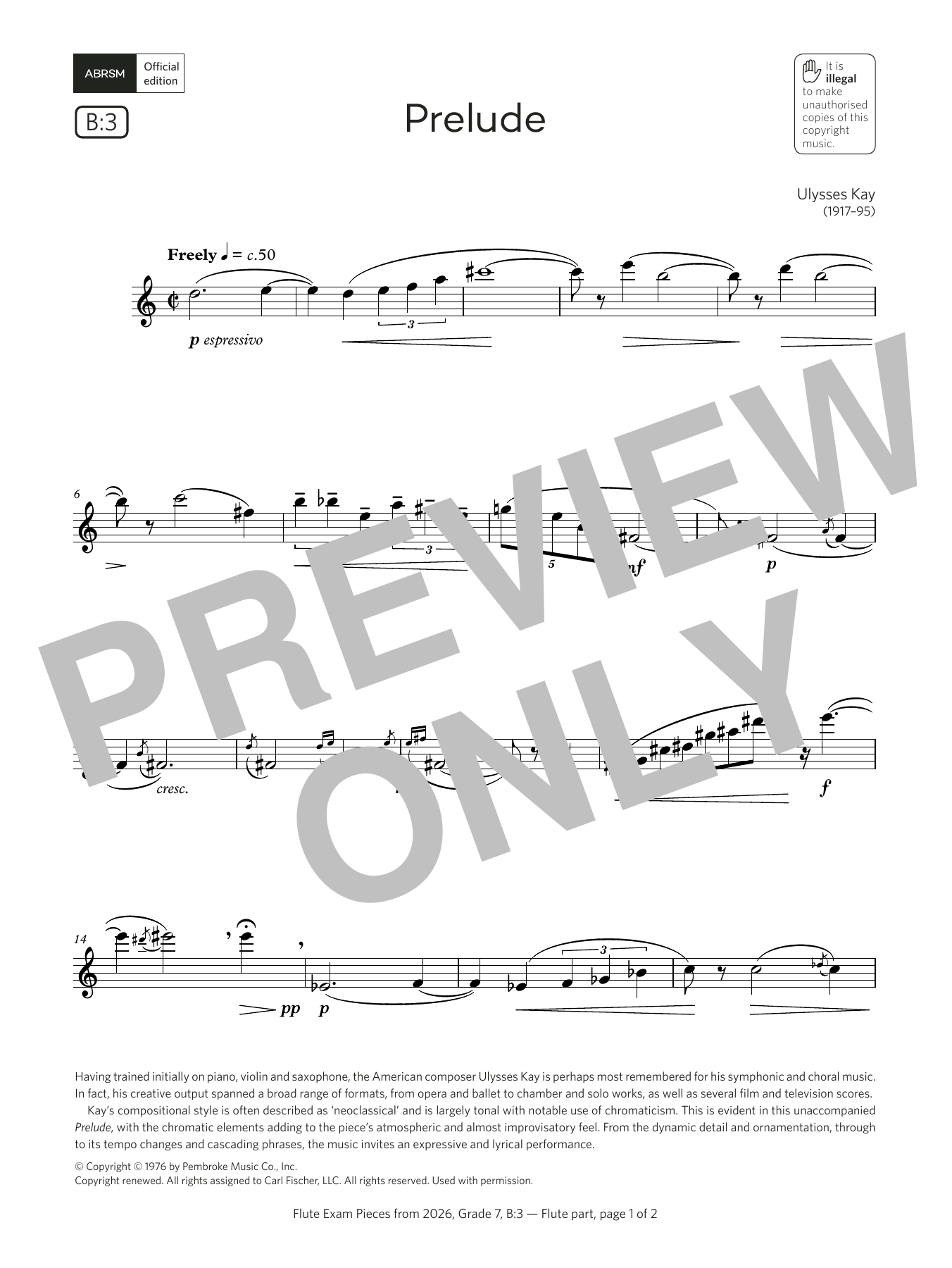Learn to play Ulysses Kay Prelude (Grade 7, list B3, from the ABRSM Flute Syllabus from 2026) sheet music for Flute Solo in minutes. Price: 6.9900$ Ulysses Kay Prelude (Grade 7, list B3, from the ABRSM Flute Syllabus from 2026) sheet music notes and chords arranged for Flute Solo