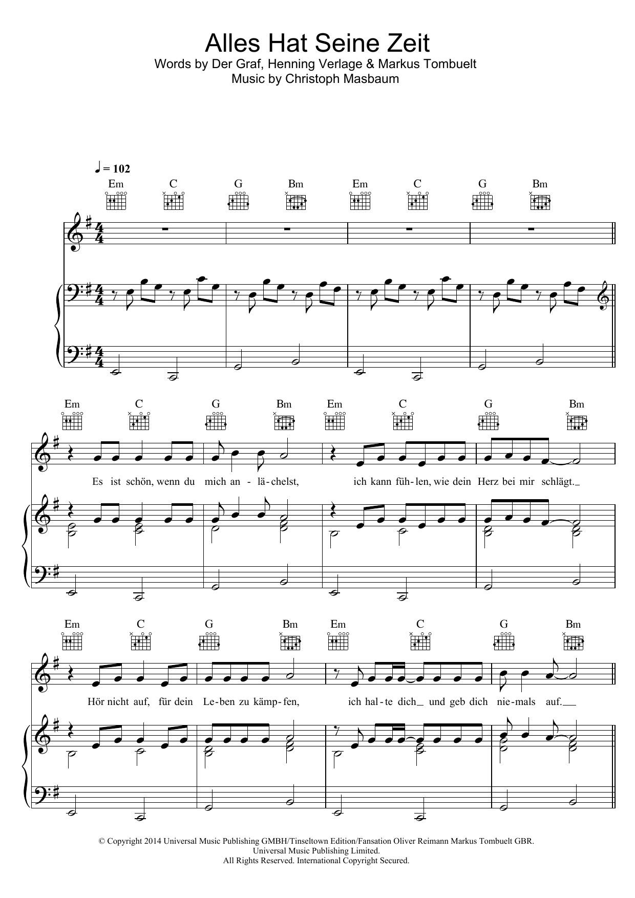 Learn to play Unheilig Alles Hat Seine Zeit sheet music for Piano, Vocal & Guitar Chords in minutes. Price: 7.8900$ Unheilig Alles Hat Seine Zeit sheet music notes and chords arranged for Piano, Vocal & Guitar Chords