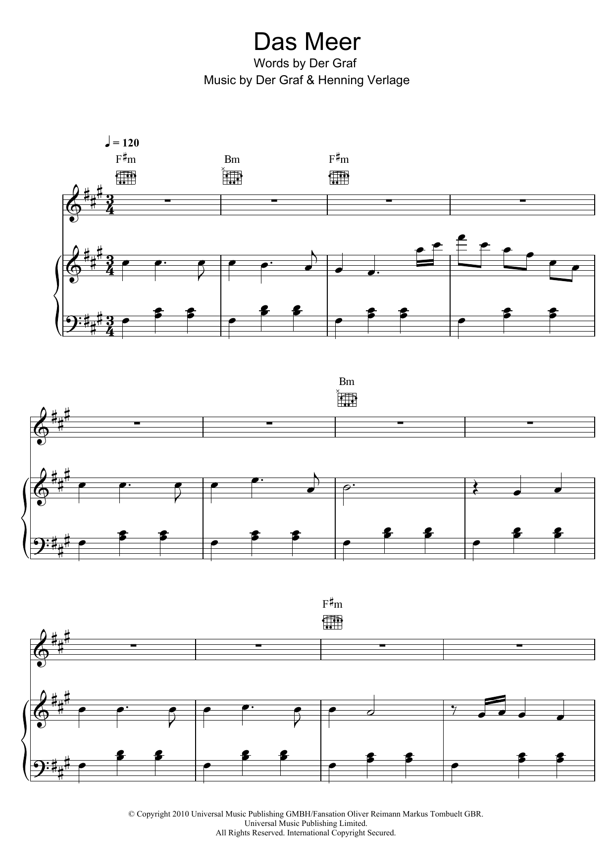 Learn to play Unheilig Das Meer sheet music for Piano, Vocal & Guitar Chords in minutes. Price: 7.8900$ Unheilig Das Meer sheet music notes and chords arranged for Piano, Vocal & Guitar Chords