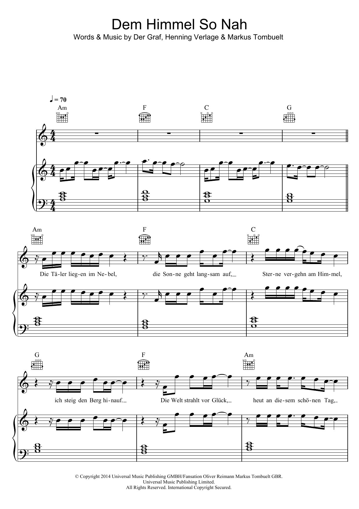 Learn to play Unheilig Dem Himmel So Nah sheet music for Piano, Vocal & Guitar Chords in minutes. Price: 7.8900$ Unheilig Dem Himmel So Nah sheet music notes and chords arranged for Piano, Vocal & Guitar Chords