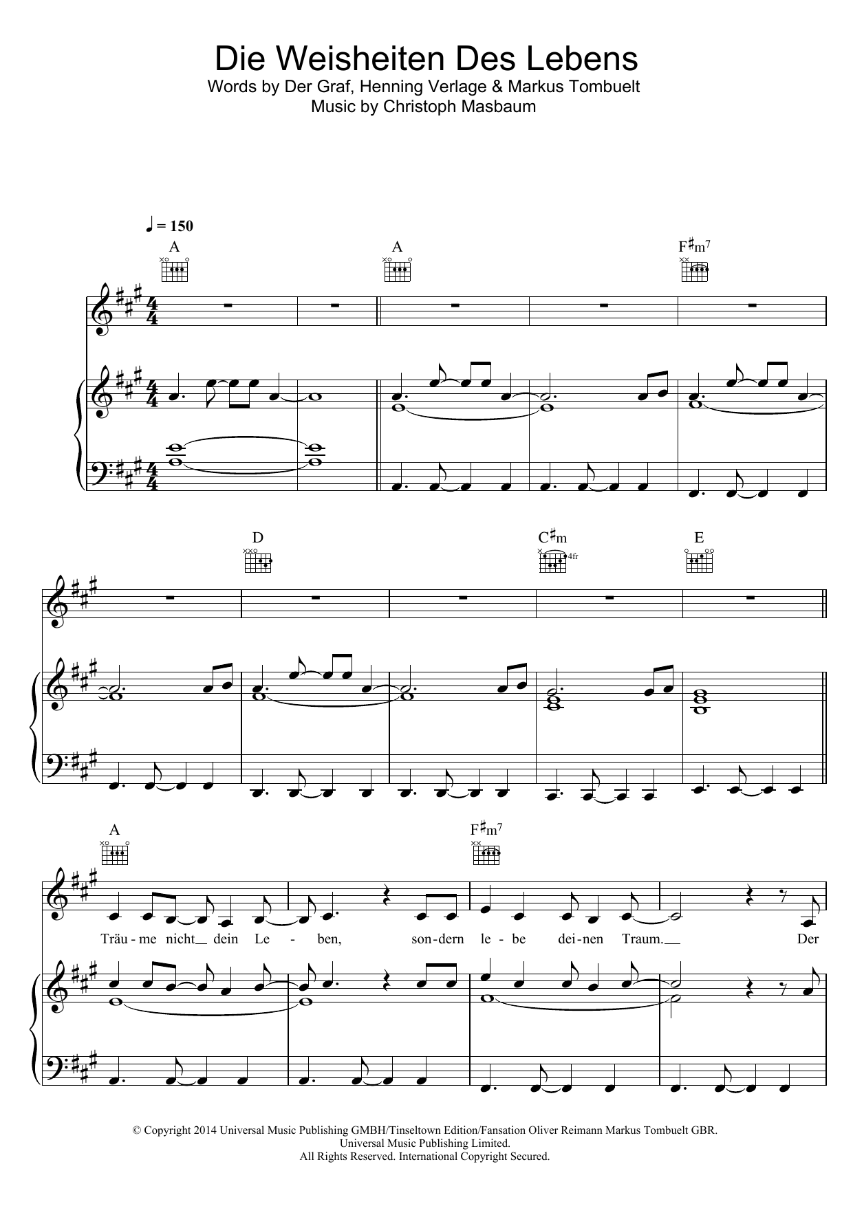 Learn to play Unheilig Die Weisheiten Des Lebens sheet music for Piano, Vocal & Guitar Chords in minutes. Price: 7.8900$ Unheilig Die Weisheiten Des Lebens sheet music notes and chords arranged for Piano, Vocal & Guitar Chords