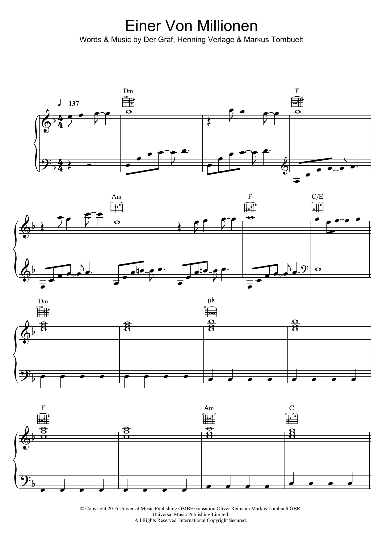 Learn to play Unheilig Einer Von Millionen sheet music for Piano, Vocal & Guitar Chords in minutes. Price: 7.8900$ Unheilig Einer Von Millionen sheet music notes and chords arranged for Piano, Vocal & Guitar Chords