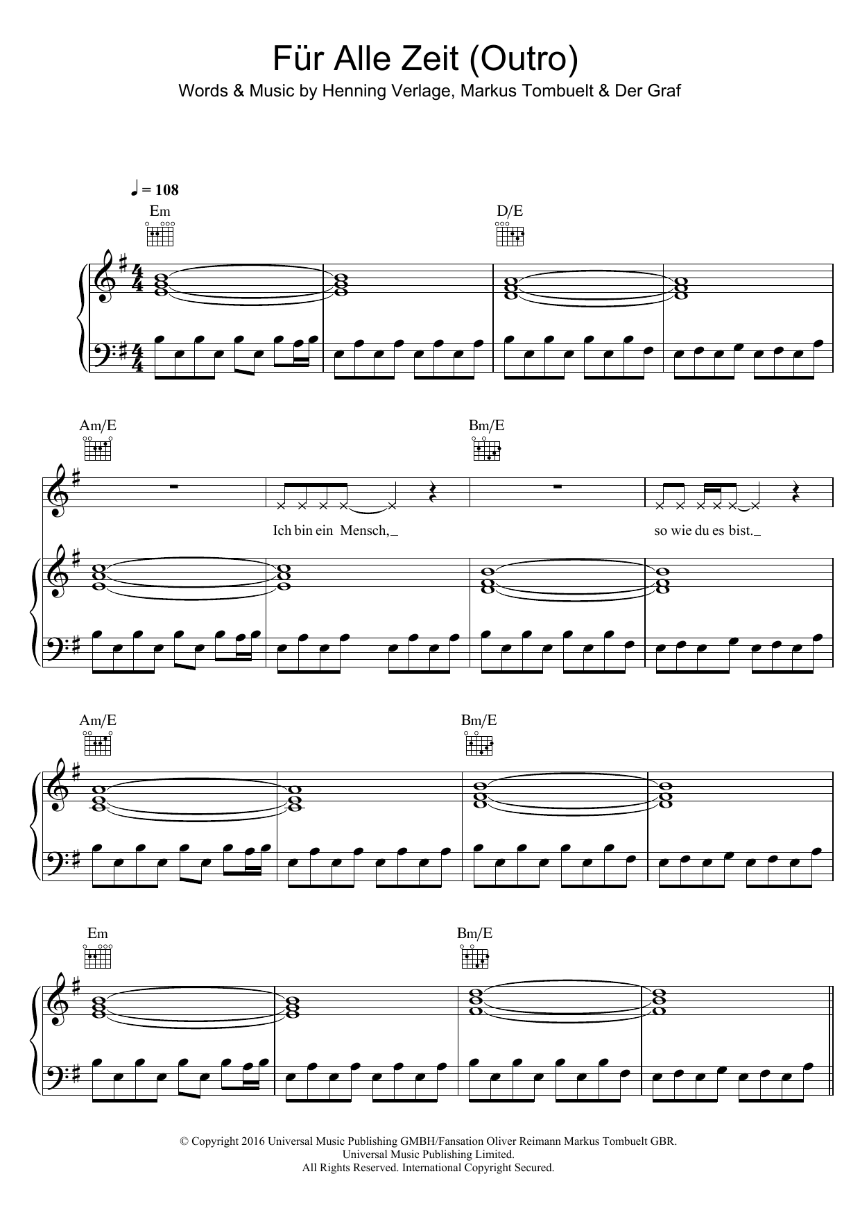Learn to play Unheilig Für Alle Zeit (Outro) sheet music for Piano, Vocal & Guitar Chords in minutes. Price: 7.8900$ Unheilig Für Alle Zeit (Outro) sheet music notes and chords arranged for Piano, Vocal & Guitar Chords