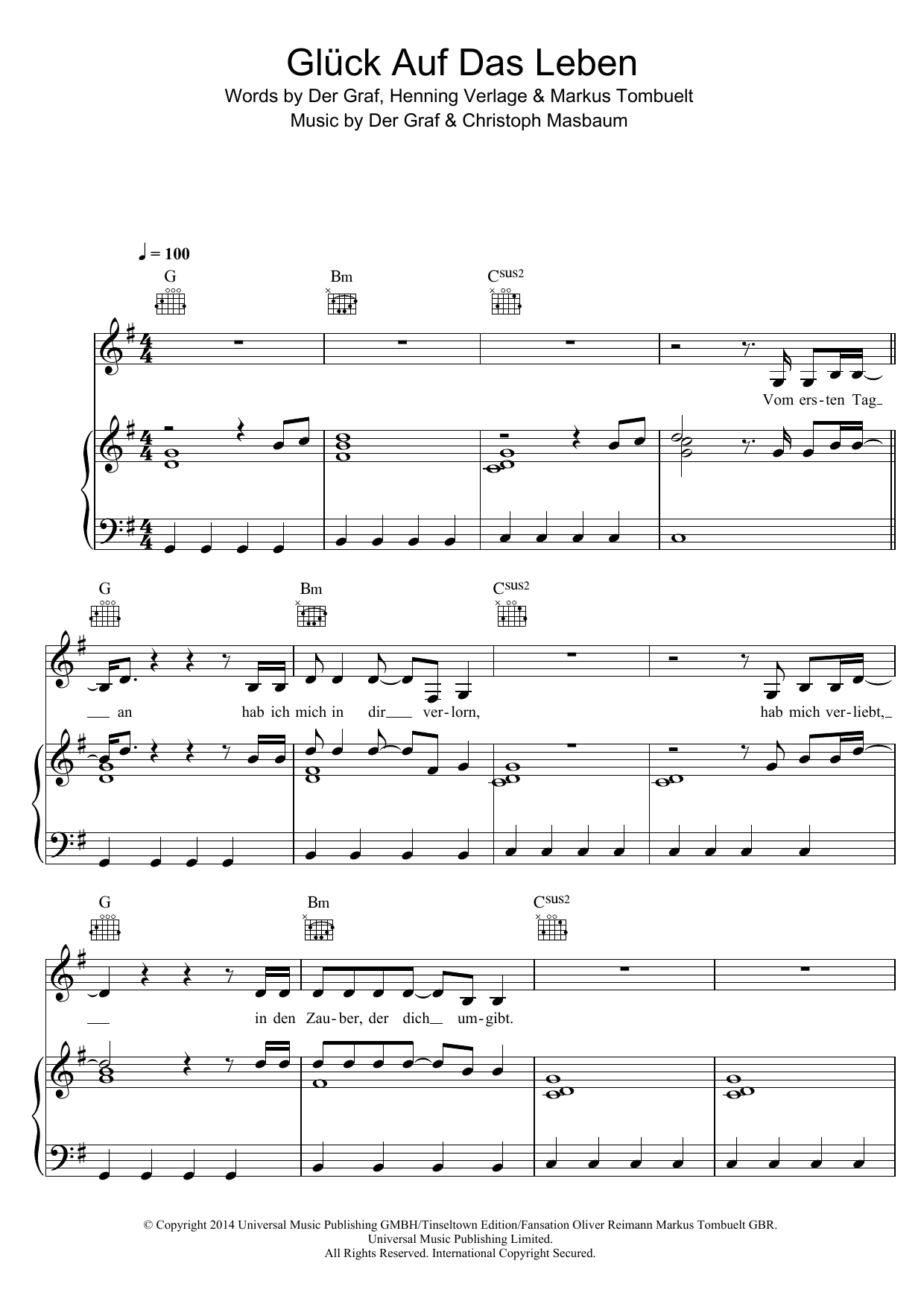 Learn to play Unheilig Glück Auf Das Leben sheet music for Piano, Vocal & Guitar Chords in minutes. Price: 7.8900$ Unheilig Glück Auf Das Leben sheet music notes and chords arranged for Piano, Vocal & Guitar Chords