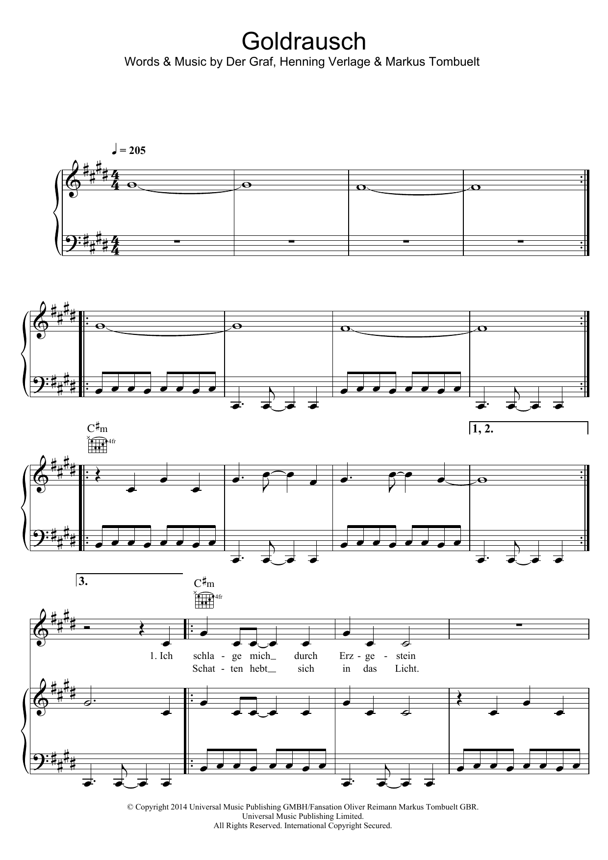 Learn to play Unheilig Goldrausch sheet music for Piano, Vocal & Guitar Chords in minutes. Price: 7.8900$ Unheilig Goldrausch sheet music notes and chords arranged for Piano, Vocal & Guitar Chords
