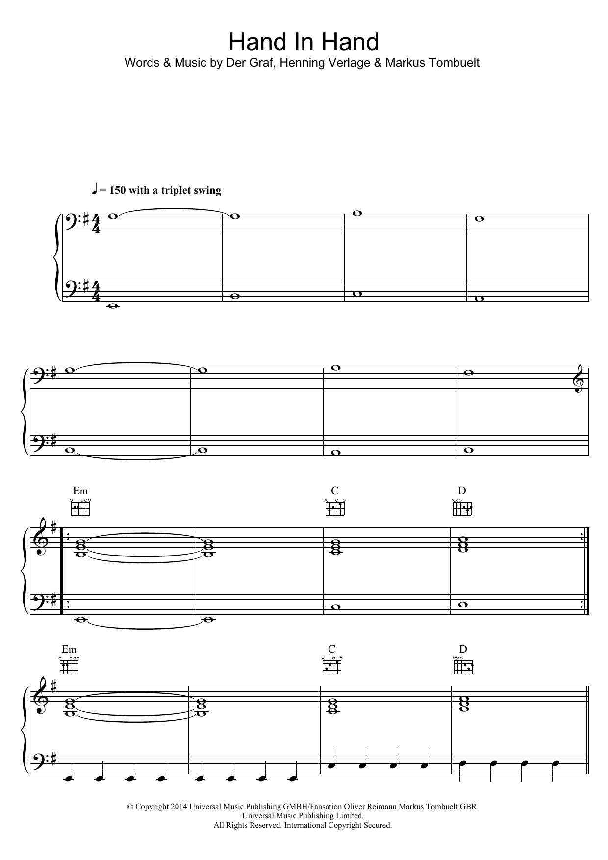 Learn to play Unheilig Hand In Hand sheet music for Piano, Vocal & Guitar Chords in minutes. Price: 7.8900$ Unheilig Hand In Hand sheet music notes and chords arranged for Piano, Vocal & Guitar Chords