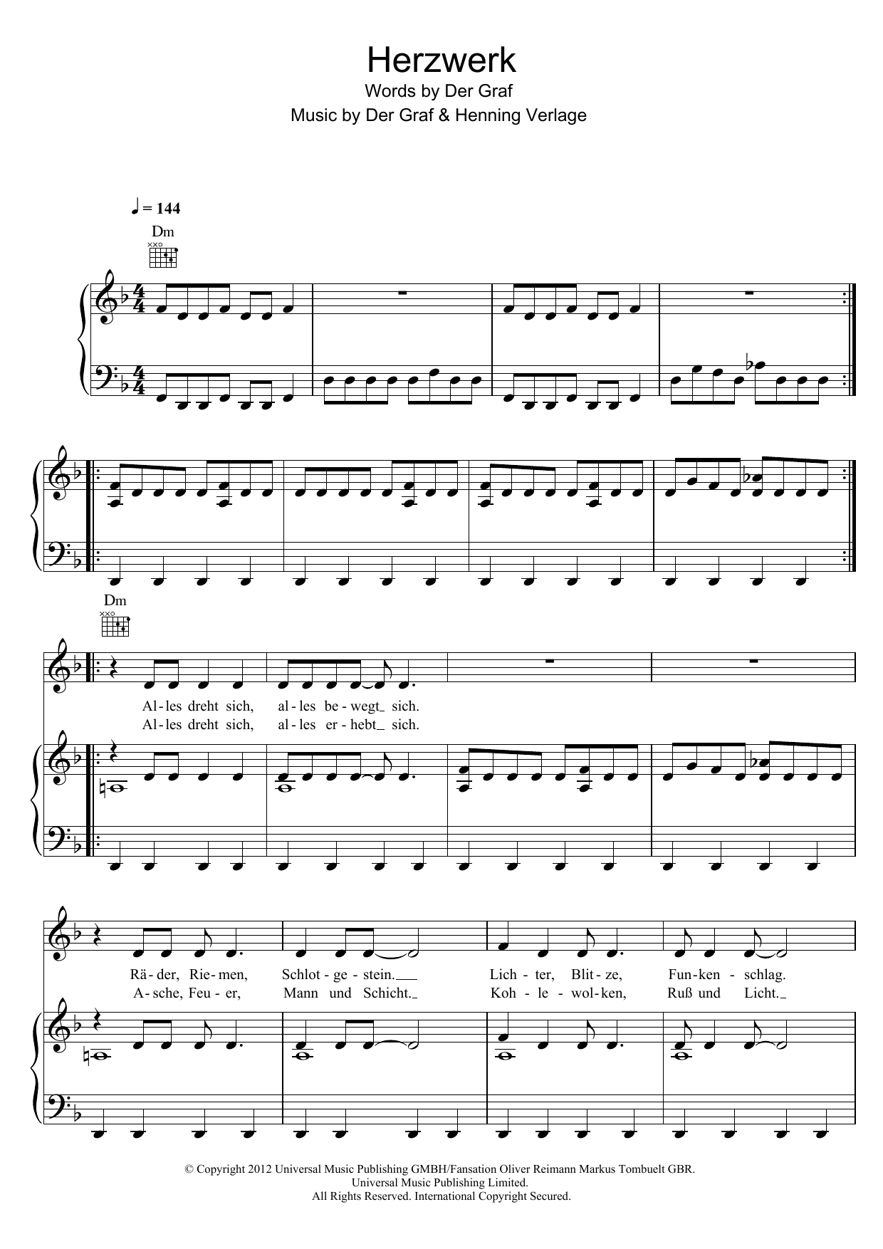 Learn to play Unheilig Herzwerk sheet music for Piano, Vocal & Guitar Chords in minutes. Price: 7.8900$ Unheilig Herzwerk sheet music notes and chords arranged for Piano, Vocal & Guitar Chords