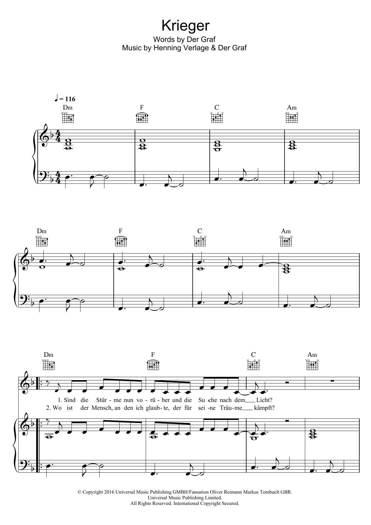 Learn to play Unheilig Krieger sheet music for Piano, Vocal & Guitar Chords in minutes. Price: 7.8900$ Unheilig Krieger sheet music notes and chords arranged for Piano, Vocal & Guitar Chords