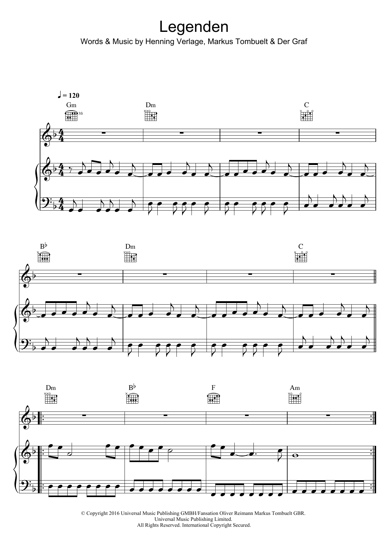 Learn to play Unheilig Legenden sheet music for Piano, Vocal & Guitar Chords in minutes. Price: 7.8900$ Unheilig Legenden sheet music notes and chords arranged for Piano, Vocal & Guitar Chords