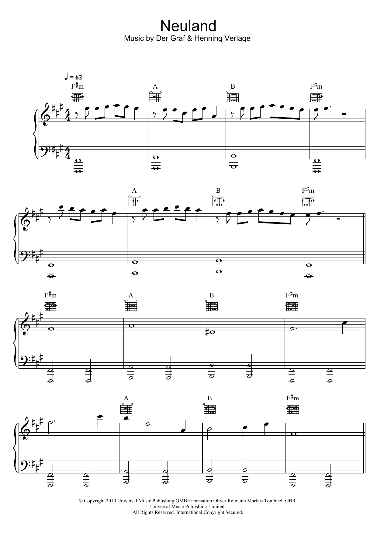 Learn to play Unheilig Neuland sheet music for Piano, Vocal & Guitar Chords in minutes. Price: 7.8900$ Unheilig Neuland sheet music notes and chords arranged for Piano, Vocal & Guitar Chords