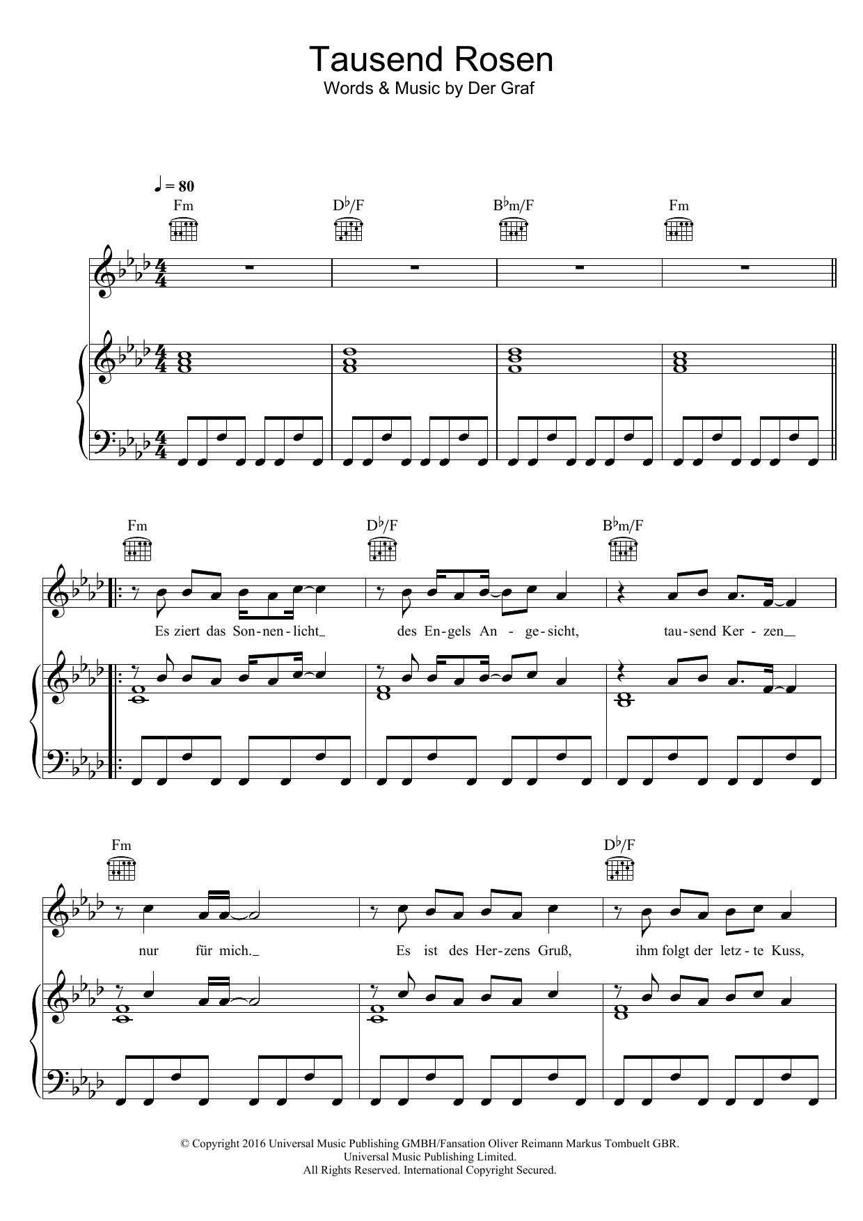 Learn to play Unheilig Tausend Rosen sheet music for Piano, Vocal & Guitar Chords in minutes. Price: 7.8900$ Unheilig Tausend Rosen sheet music notes and chords arranged for Piano, Vocal & Guitar Chords