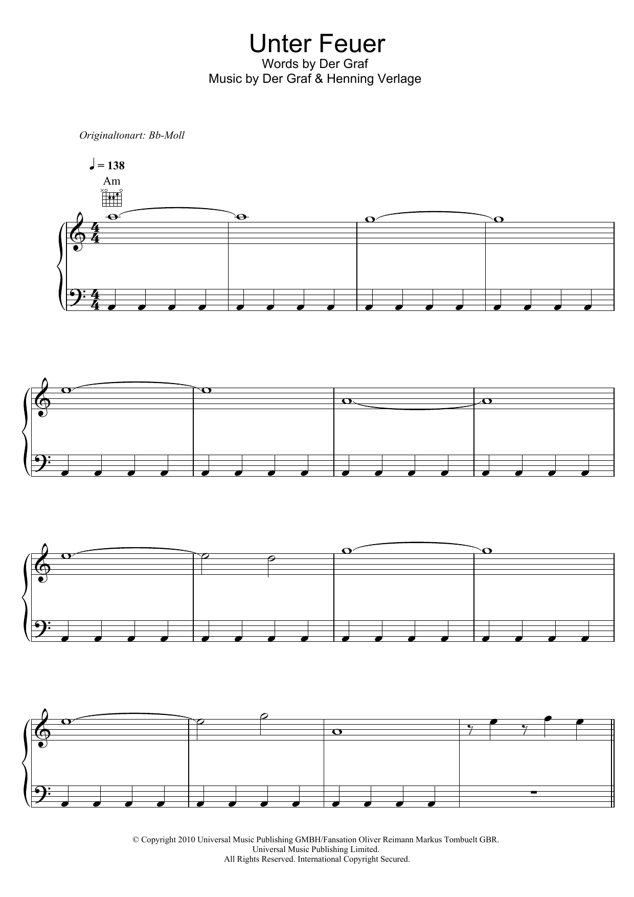Learn to play Unheilig Unter Feuer sheet music for Piano, Vocal & Guitar Chords in minutes. Price: 7.8900$ Unheilig Unter Feuer sheet music notes and chords arranged for Piano, Vocal & Guitar Chords