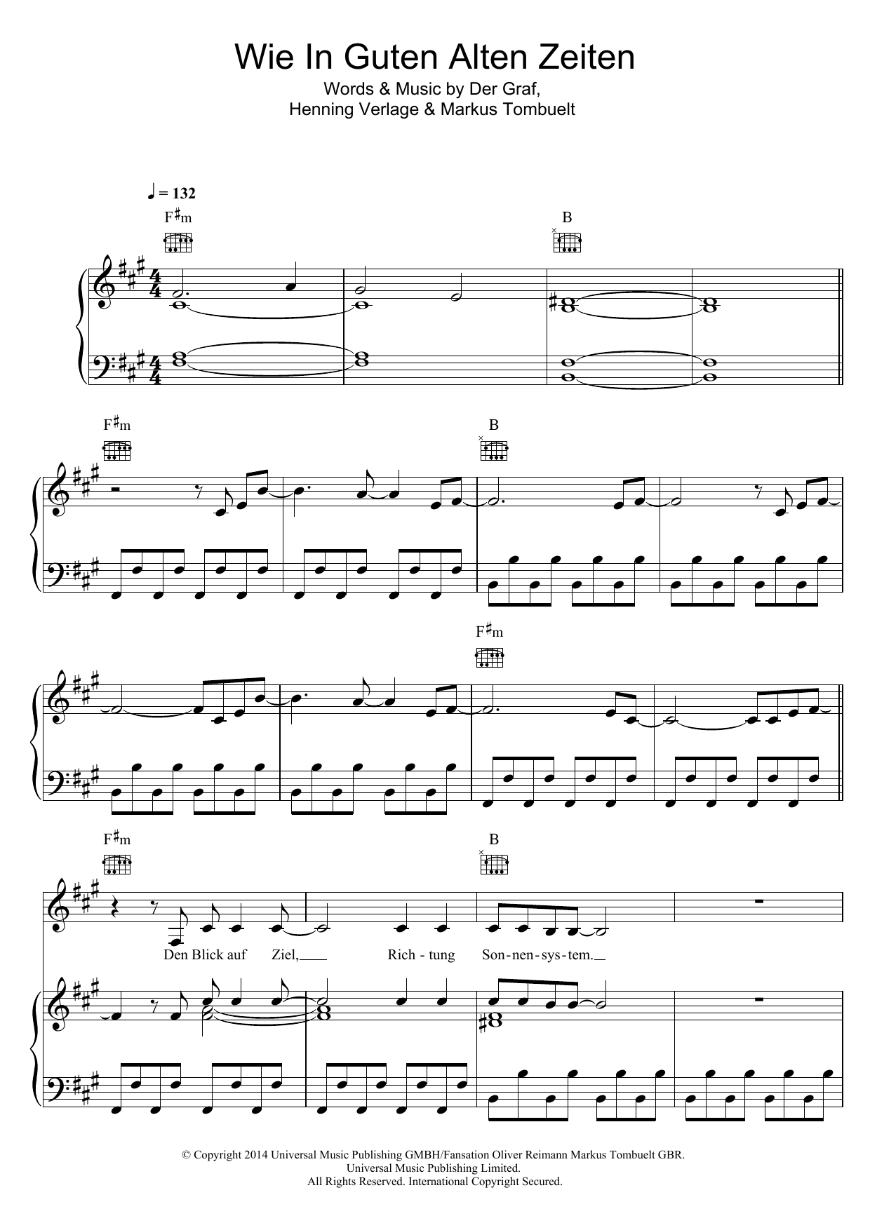 Learn to play Unheilig Wie In Guten Alten Zeiten sheet music for Piano, Vocal & Guitar Chords in minutes. Price: 7.8900$ Unheilig Wie In Guten Alten Zeiten sheet music notes and chords arranged for Piano, Vocal & Guitar Chords