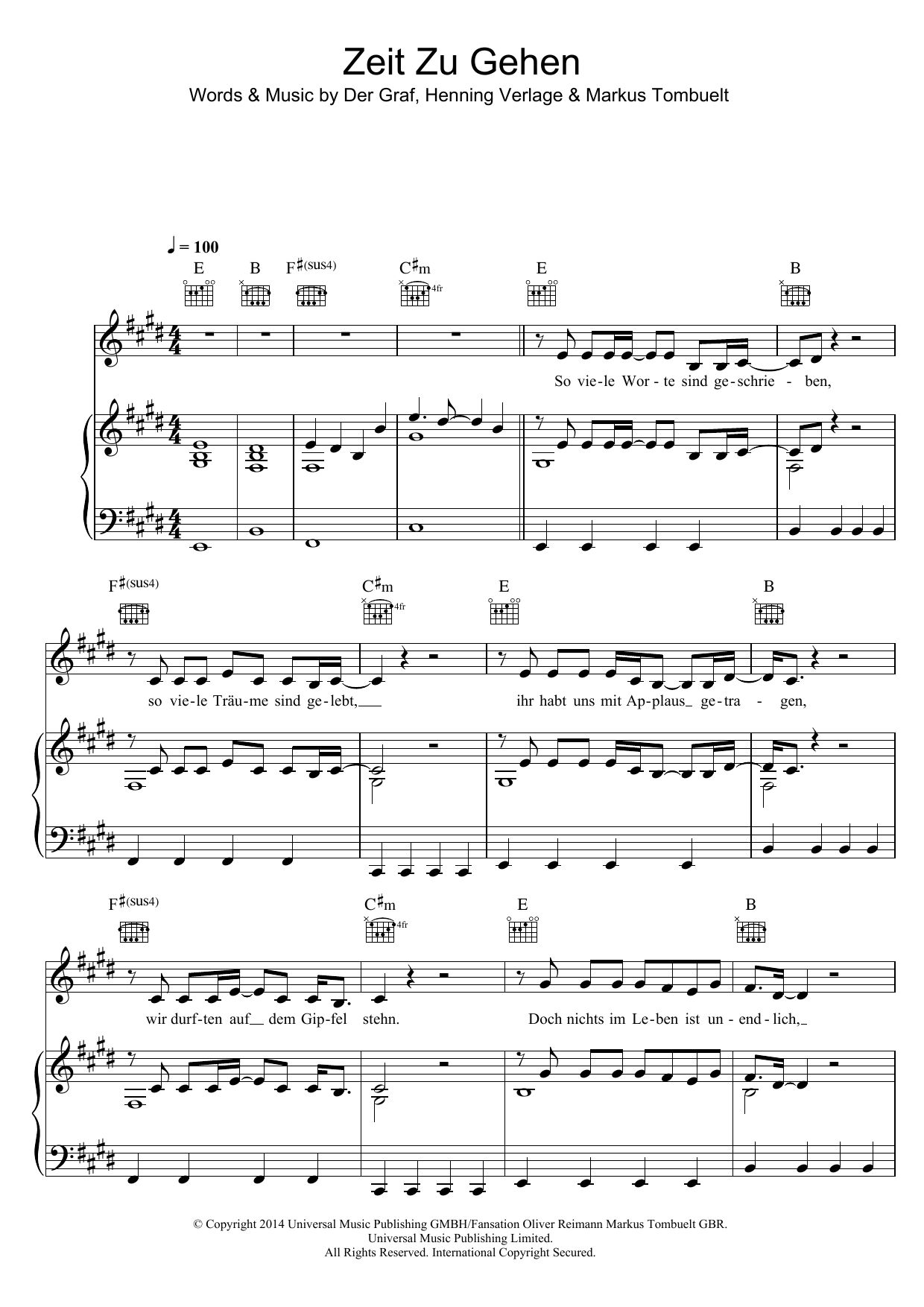 Unheilig Zeit Zu Gehen sheet music notes and chords. Download Printable PDF.