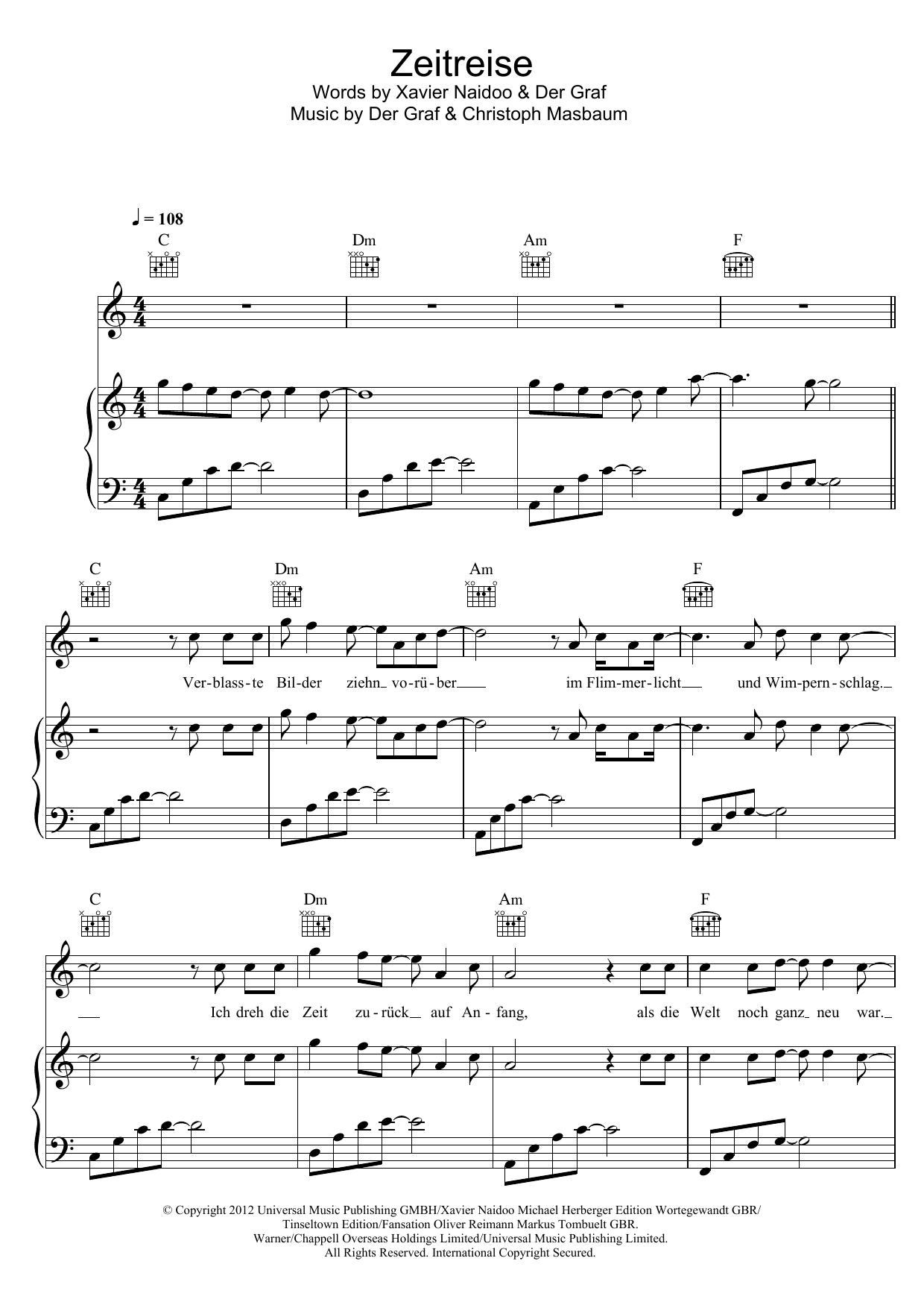 Learn to play Unheilig Zeitreise sheet music for Piano, Vocal & Guitar Chords in minutes. Price: 7.8900$ Unheilig Zeitreise sheet music notes and chords arranged for Piano, Vocal & Guitar Chords